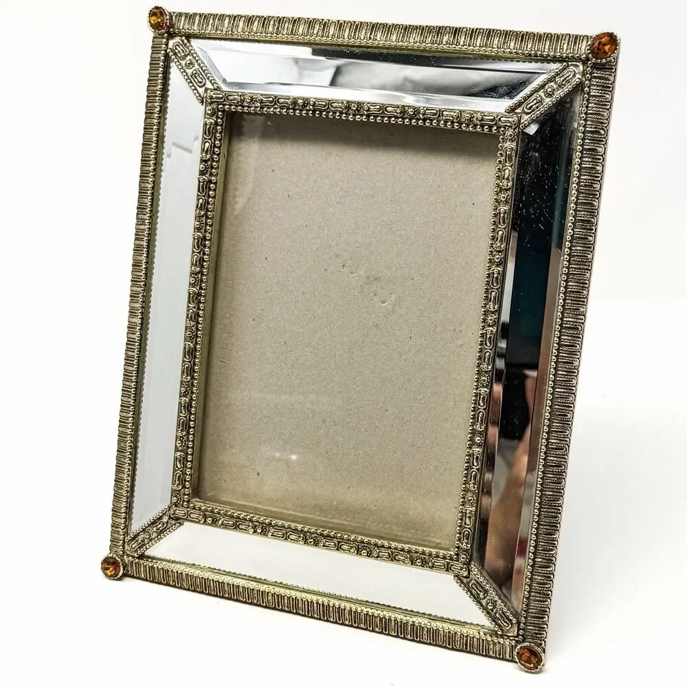 Mirrored Tabletop Picture Frame with Amber Colored Rhinestones 5x7
